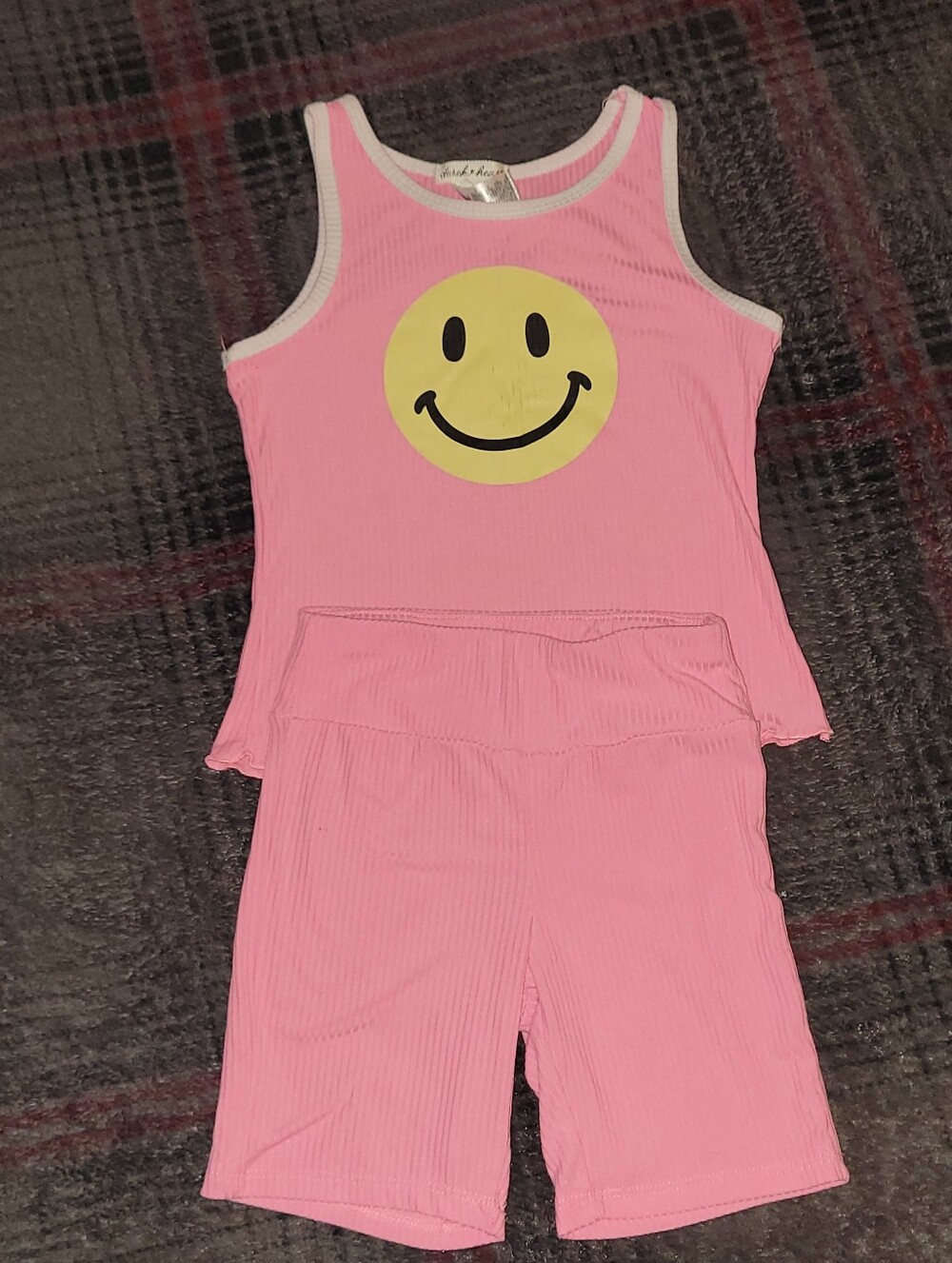 Derek Heart Pink Ribbed Tank & Shorts Set with Yellow Smiley Face